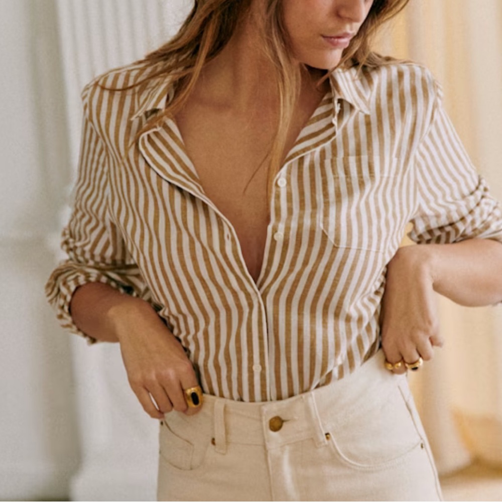 Sezane tomboy shirt, Beige and White Striped Blouse